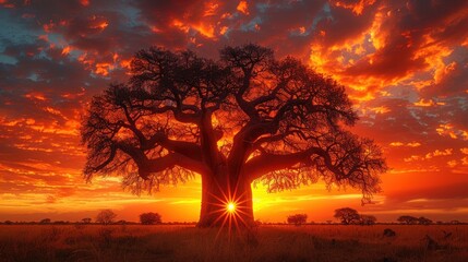A majestic baobab tree silhouetted against the fiery hues of an African sunset, its ancient...