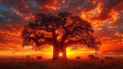 Selbstklebende Fototapeten A majestic baobab tree silhouetted against the fiery hues of an African sunset, its ancient branches reaching towards the sky. © TheNoteTravel