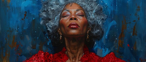 An expressionist painting of a glamorous, mature African American woman with silver curly hair and impeccable makeup 
