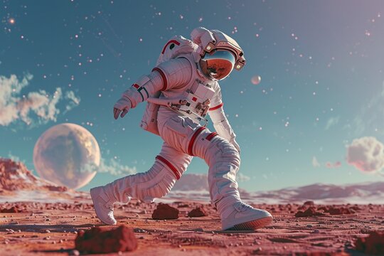 an astronaut breakdancing on Mars, performing a downrock and freezes Mars two moons are on the horizon There is red rock, stars, planets, and the galaxy