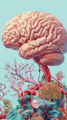 A detailed illustration of the human brain, with intricate veins and corallike structures The background is light blue, creating contrast against vibrant colors for each cell or tone in it In the cent