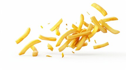 Falling french fries, potato fry isolated on white background, clipping path, full depth of field - obrazy, fototapety, plakaty