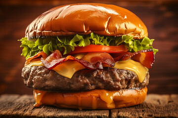 Juicy Burger Delight: American-Style with Gooey Cheddar Cheese - obrazy, fototapety, plakaty