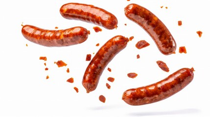 Falling smoked sausages isolated on white background