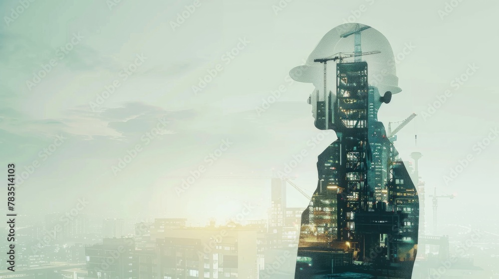 Poster future building construction engineering project concept with double exposure graphic design. buildi
