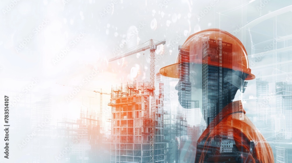 Poster future building construction engineering project concept with double exposure graphic design. buildi
