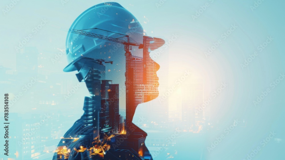 Poster future building construction engineering project concept with double exposure graphic design. buildi