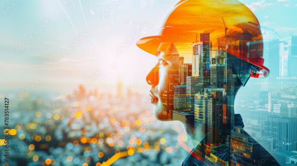 Poster future building construction engineering project concept with double exposure graphic design. buildi