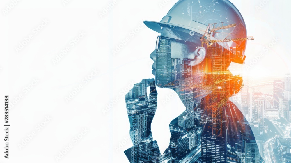 Poster future building construction engineering project concept with double exposure graphic design. buildi