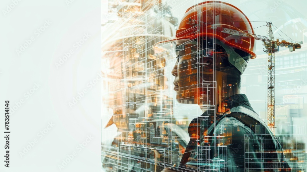 Poster future building construction engineering project concept with double exposure graphic design. buildi