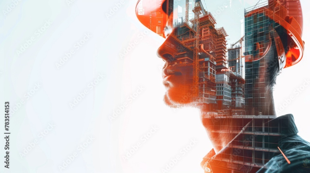 Poster future building construction engineering project concept with double exposure graphic design. buildi