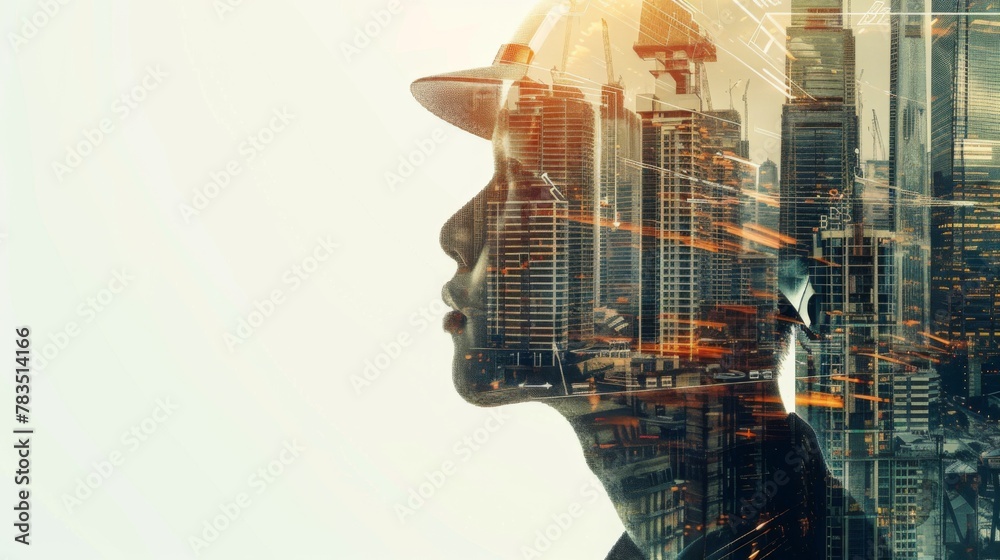 Poster future building construction engineering project concept with double exposure graphic design. buildi