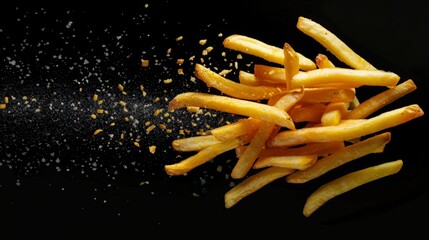 French fries - fried potatoes flying. Fly fastfood isolated on black background. - obrazy, fototapety, plakaty