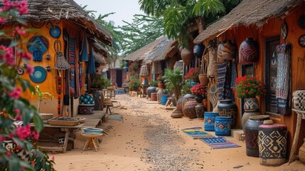 A traditional African village adorned with colorful decor, reflecting the warmth and hospitality of its inhabitants.