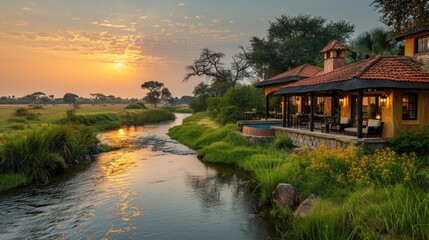 Fototapeta premium A tranquil river winding its way through the lush African landscape, offering a peaceful retreat amidst nature's bounty.
