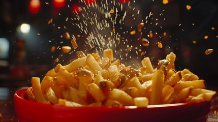 French fries - fried potatoes hitting the table. Fast food meal in freeze motion. - obrazy, fototapety, plakaty