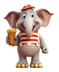 joyful elephant character wearing a red and white striped shirt, a hat, and golden shoes holding a peanut drink with a straw