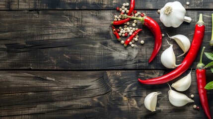 Garlic with red chili pepper on wooden background. - obrazy, fototapety, plakaty