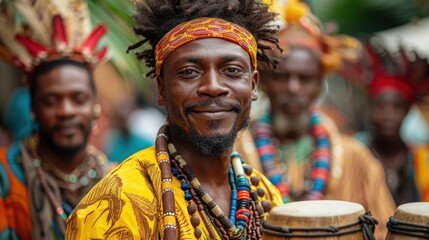 A vibrant street scene captured during a traditional African festival, alive with music, dance, and cultural celebration. - obrazy, fototapety, plakaty