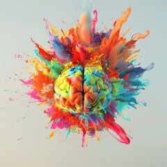 A digital art of an exploding colorful brain, symbolizing the intensity and energy associated with passion The explosion is vibrant against a neutral background, creating depth in the visual represent