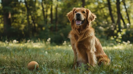 Golden Retriever plays with a ball.A beautiful dog walks in a clearing. puppy runs in the park.A trained dog performs tricks.A joyful dog in the forest.An obedient labrador walks. dog sitting on grass