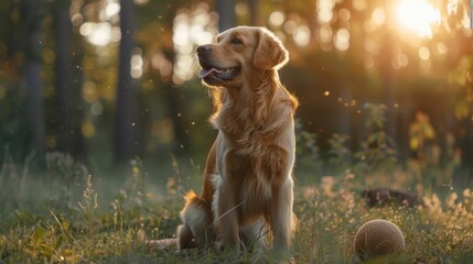 Golden Retriever plays with a ball.A beautiful dog walks in a clearing. puppy runs in the park.A trained dog performs tricks.A joyful dog in the forest.An obedient labrador walks. dog sitting on grass - obrazy, fototapety, plakaty