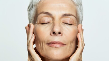 Fototapeta premium Gorgeous senior older woman with closed eyes touching her perfect skin. Beautiful portrait mid 50s aged woman advertising facial antiage lift products salon care tighten skin isolated on white.