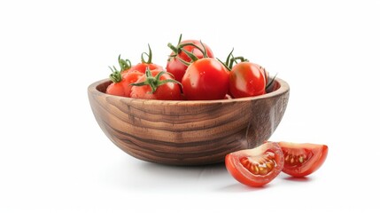 Fresh red cherry tomatoes with half sliced in wooden bowl isolated on white background.