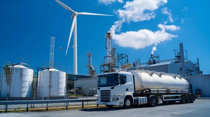 Fototapeta na wymiar A towering wind turbine looms in the background its sleek white blades spinning effortlessly against the blue sky. In the foreground a large truck is parked in front of a biofuel processing .