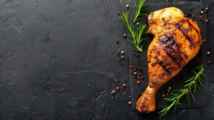 Grilled chicken leg sprinkled with rosemary on a black stone table. Top view with copy space. db9021917188 - obrazy, fototapety, plakaty