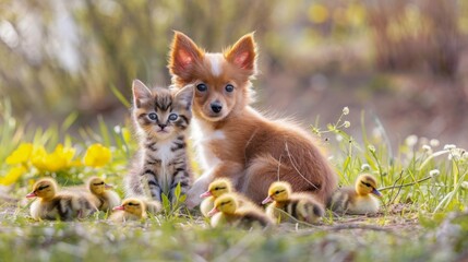 Group of pets together outdoors in summer. Little kitten, dog and ducklings.