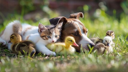Group of pets together outdoors in summer. Little kitten, dog and ducklings.