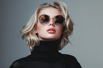 Fashion portrait of a woman with blonde hair and sunglasses.