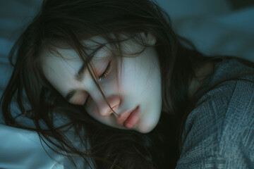 Close-up of peaceful young woman sleep.