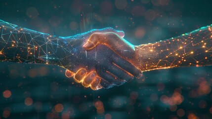 Imaginative visual business handshake with computer graphic of investment data . Futuristic business marketing and partnership deals . 3D Rendering . - obrazy, fototapety, plakaty