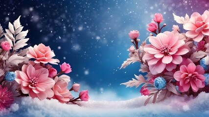 Fototapeta na wymiar A peaceful image with soft teal background and full bloom pink flowers drifting gently between many petals. Winter Wonderland Background in Blue and Pink with Snowflakes and Vibrant Flowers for a Mag