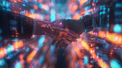 Imaginative visual business handshake with computer graphic of investment data . Futuristic business marketing and partnership deals . 3D Rendering . - obrazy, fototapety, plakaty