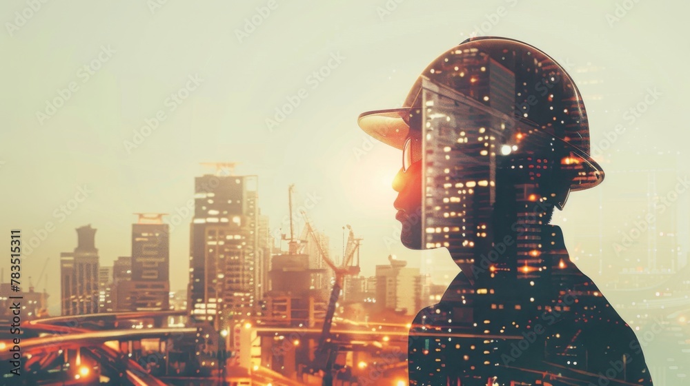 Poster Infrastructure Construction Building and Engineering Futuristic Concept, Double Exposure of Construction Engineer With Modern Architecture City Skyscraper. Future Building Service and Architect Work
