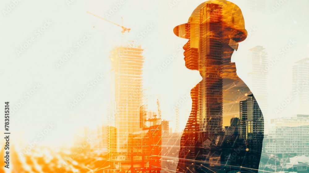 Aufkleber Infrastructure Construction Building and Engineering Futuristic Concept, Double Exposure of Construction Engineer With Modern Architecture City Skyscraper. Future Building Service and Architect Work