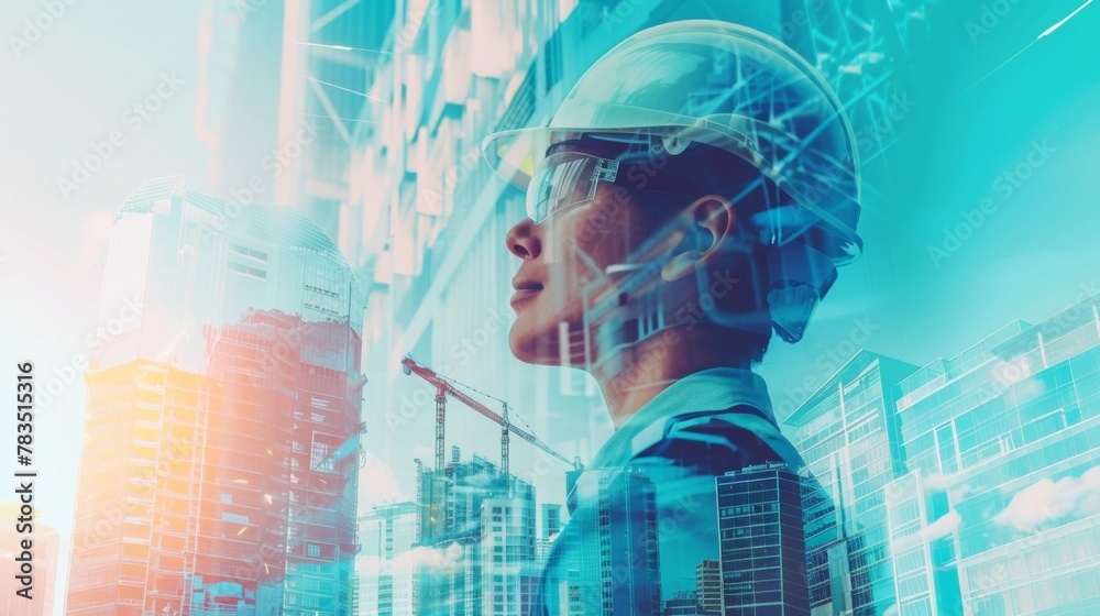 Aufkleber Infrastructure Construction Building and Engineering Futuristic Concept, Double Exposure of Construction Engineer With Modern Architecture City Skyscraper. Future Building Service and Architect Work