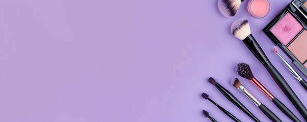 Makeup artist tools web banner. Makeup artist tools isolated on purple background with copy space. - obrazy, fototapety, plakaty