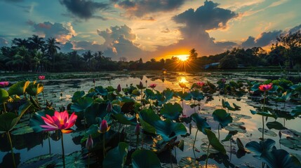 Lotus pond with Sunset in Sakon Nakhon City - obrazy, fototapety, plakaty