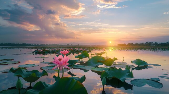 Lotus pond with Sunset in Sakon Nakhon City