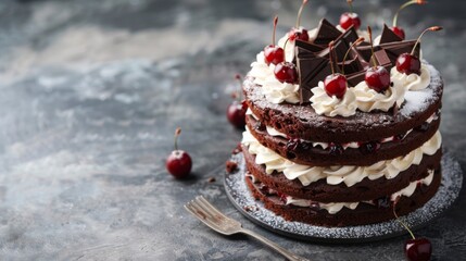 Naked Black forest cake, Schwarzwald pie. Cake with dark chocolate, whipped cream and cherry on a gray concrete background. Copy space
