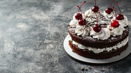Naked Black forest cake, Schwarzwald pie. Cake with dark chocolate, whipped cream and cherry on a gray concrete background. Copy space - obrazy, fototapety, plakaty