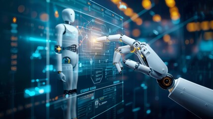 Fototapeta premium New technology trends in 2024 concept. Initiative innovation and technology. Digital and technology transformation in business and industry. 3D rendering AI robot and human hand on digital background.