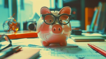 Piggy bank with business stuff, business and finance concept, vintage color tone.