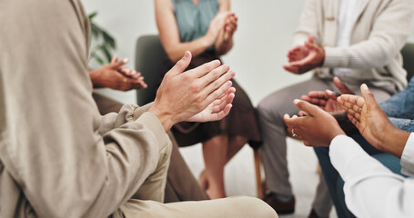 Group therapy, counseling and hands of people applause in rehabilitation center for progress...