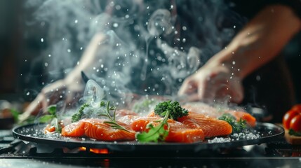 Sea cuisine, Professional cook prepares pieces of red fish, salmon, trout with greens. Frost in the air, Cooking seafood, healthy vegetarian food and food on a dark background. Horizontal view. Banner - Powered by Adobe