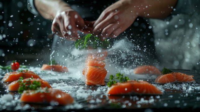 Sea Cuisine, Professional Cook Prepares Pieces Of Red Fish, Salmon, Trout With Greens. Frost In The Air, Cooking Seafood, Healthy Vegetarian Food And Food On A Dark Background. Horizontal View. Banner